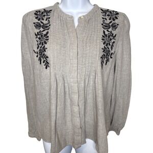 Zara TRF Womens Gray Embroidered Linen Blend Button Down Peasant Top Sz M Boho